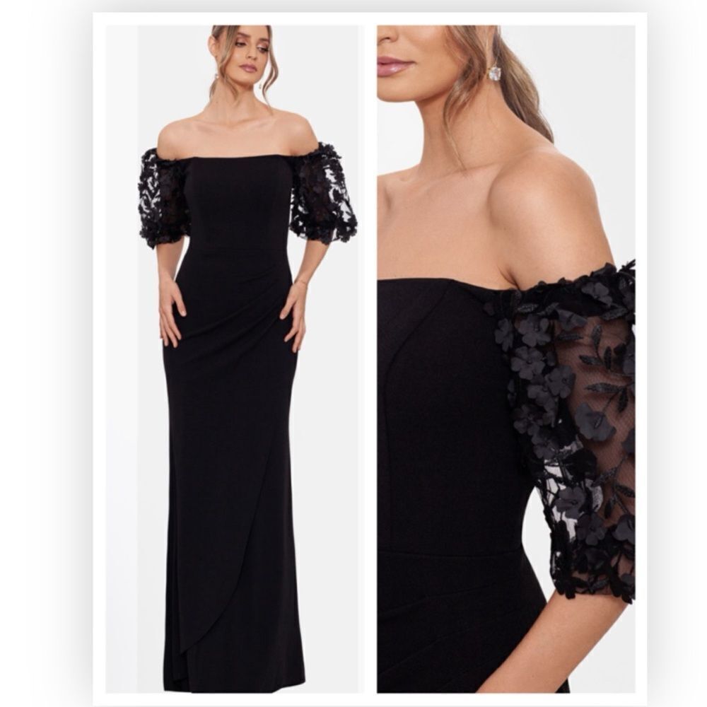 Xscape 3720X Evenings “Melanie off the Shoulder Floral Appliqué Trumpet $259